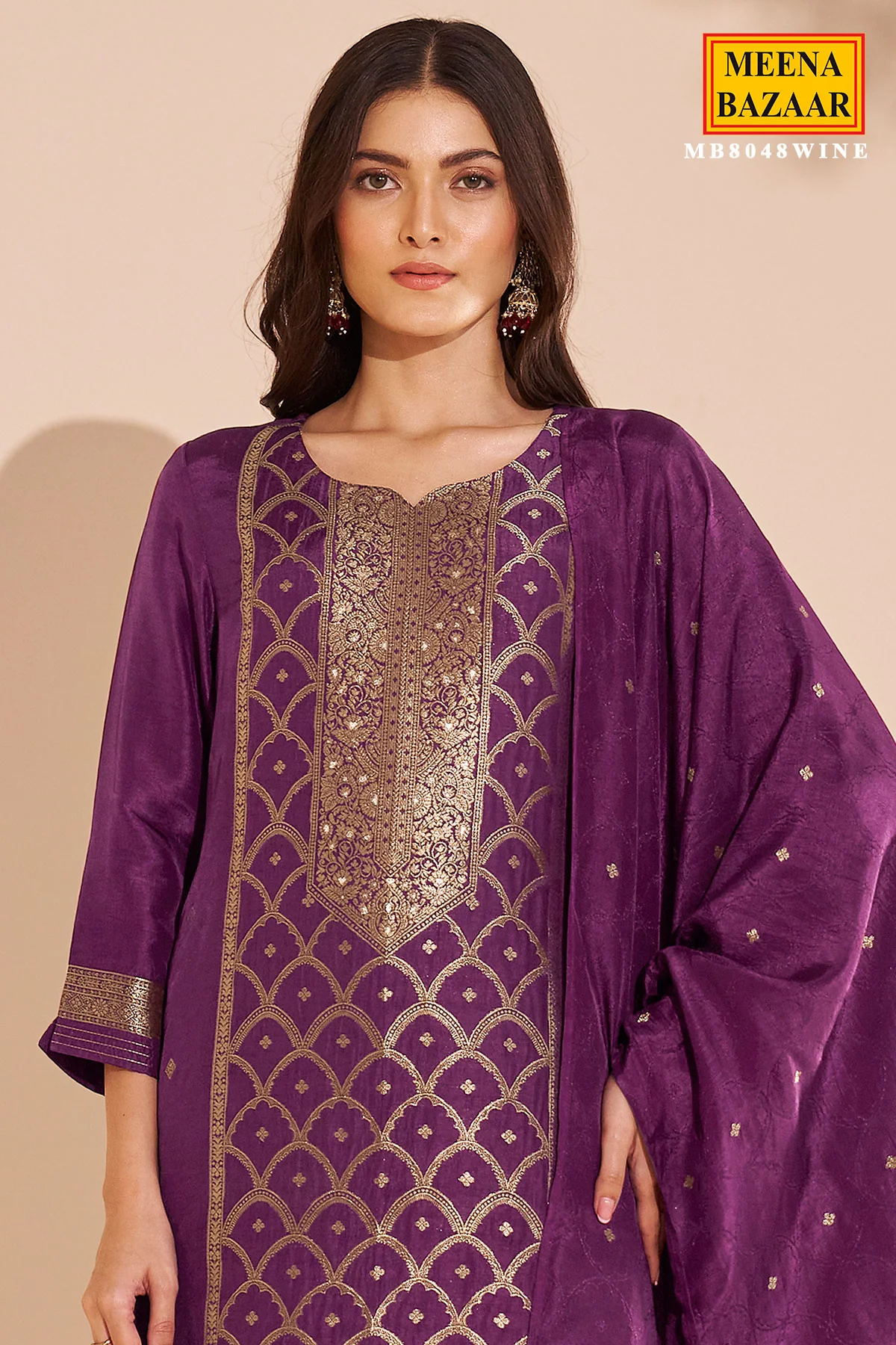 Wine Silk Straight Suit with Weaving Work - Image 2