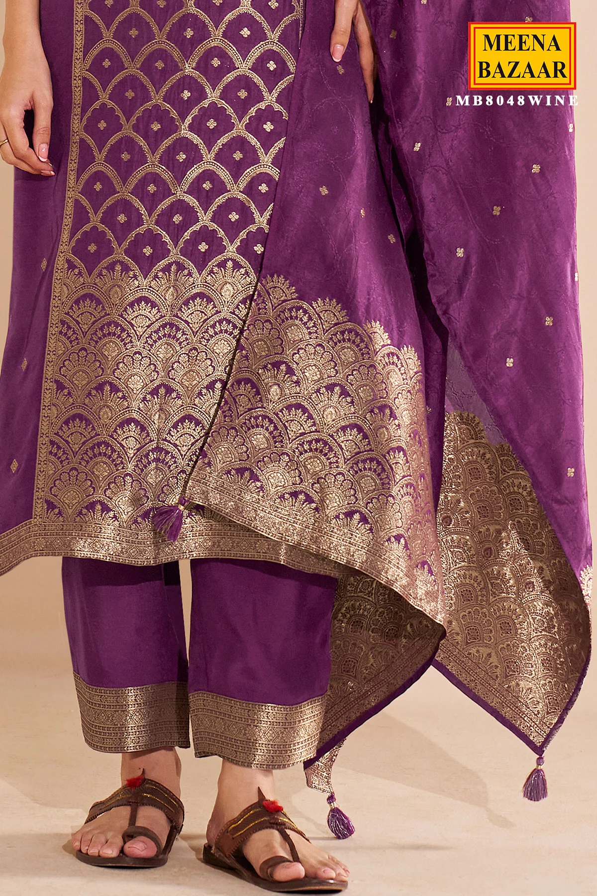 Wine Silk Straight Suit with Weaving Work - Image 3