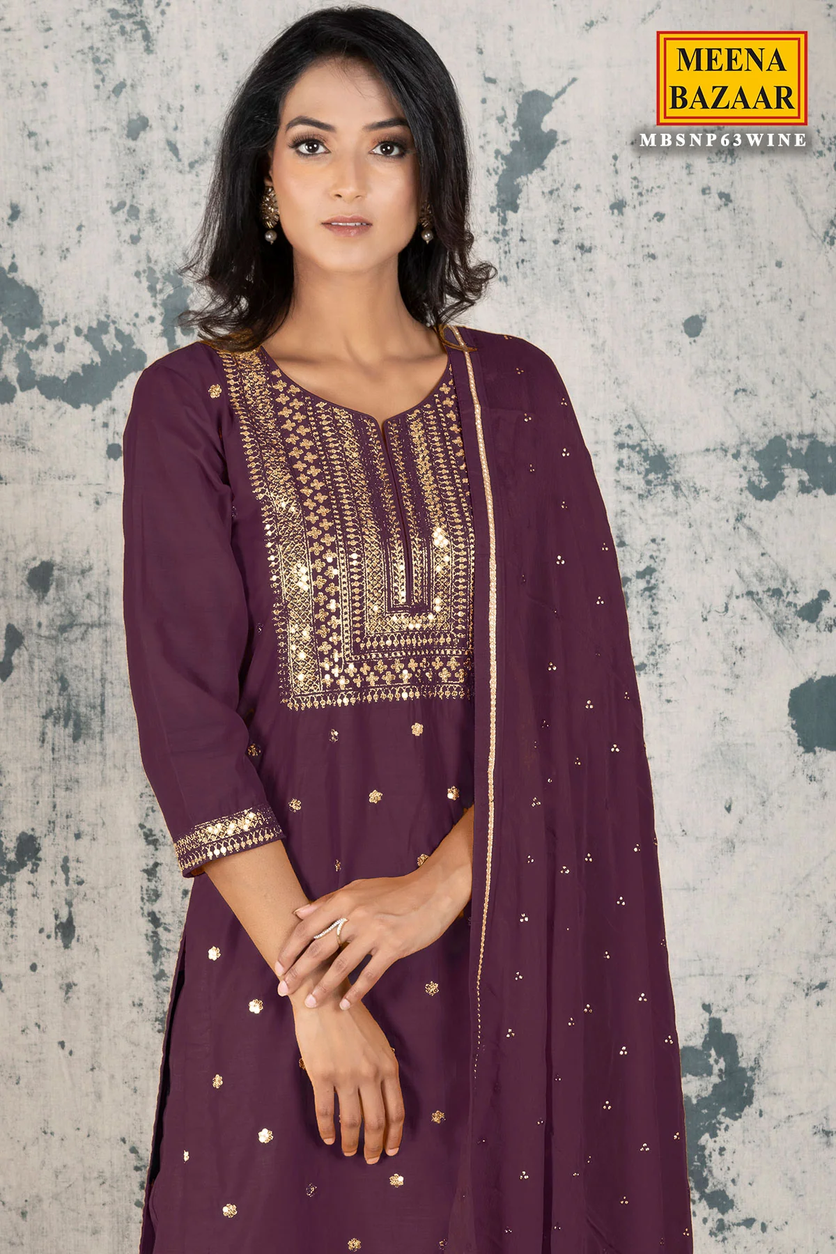 Wine Silk Zari & Sequins Suit Set - Image 3