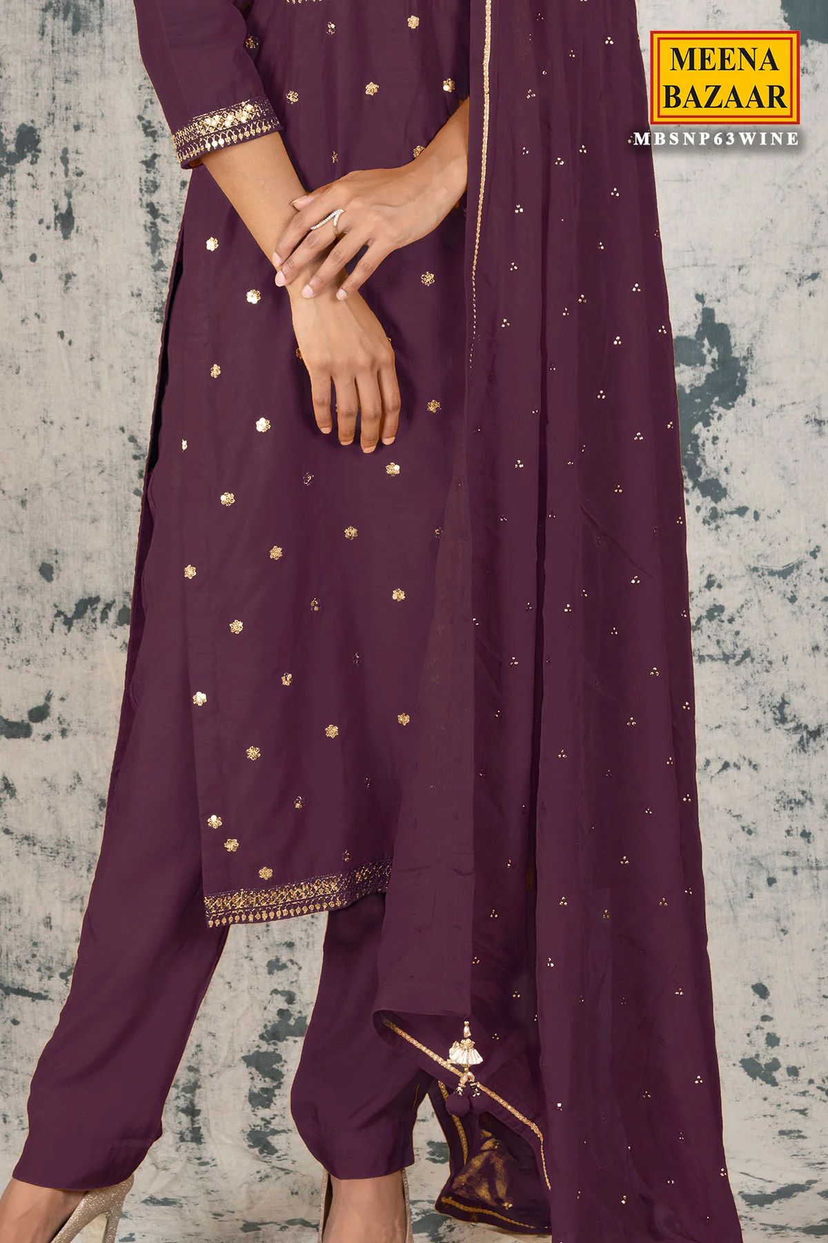 Wine Silk Zari & Sequins Suit Set - Image 4