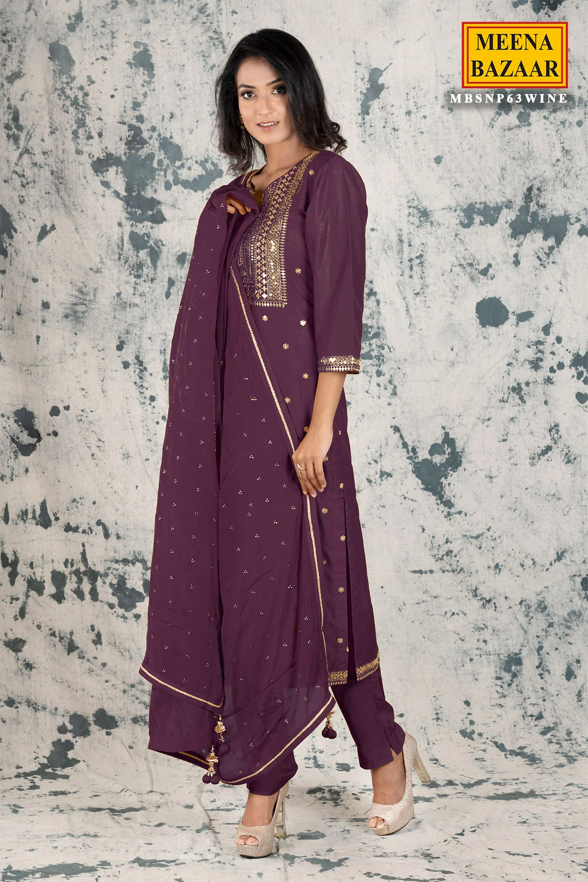 Wine Silk Zari & Sequins Suit Set - Image 5