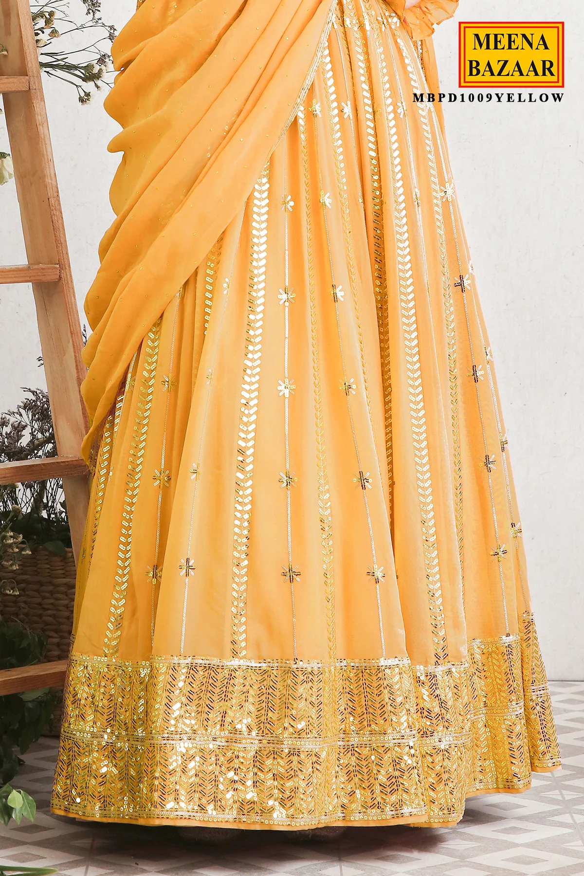 Yellow Georgette Sequins Embroidered Anarkali Gown - Image 3