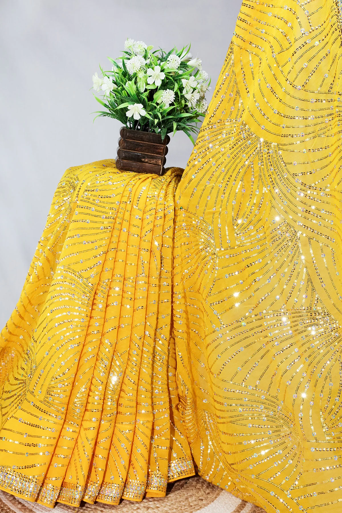 Yellow Georgette Sequins Embroidered Saree with Tassels Embellishments - Image 8
