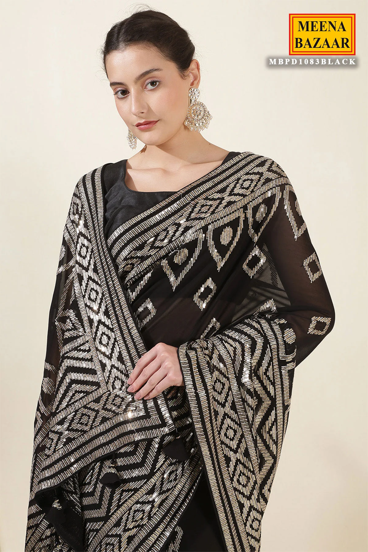 Zari Sequin Embrodiered Black Georgette Saree - Image 2