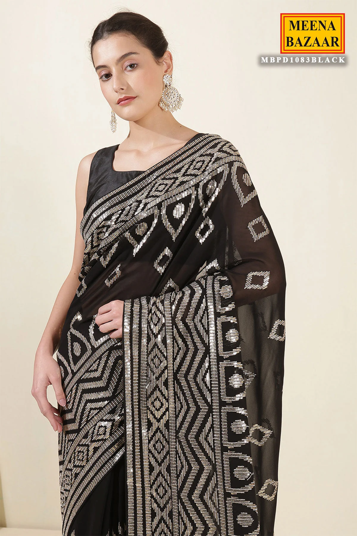Zari Sequin Embrodiered Black Georgette Saree - Image 3