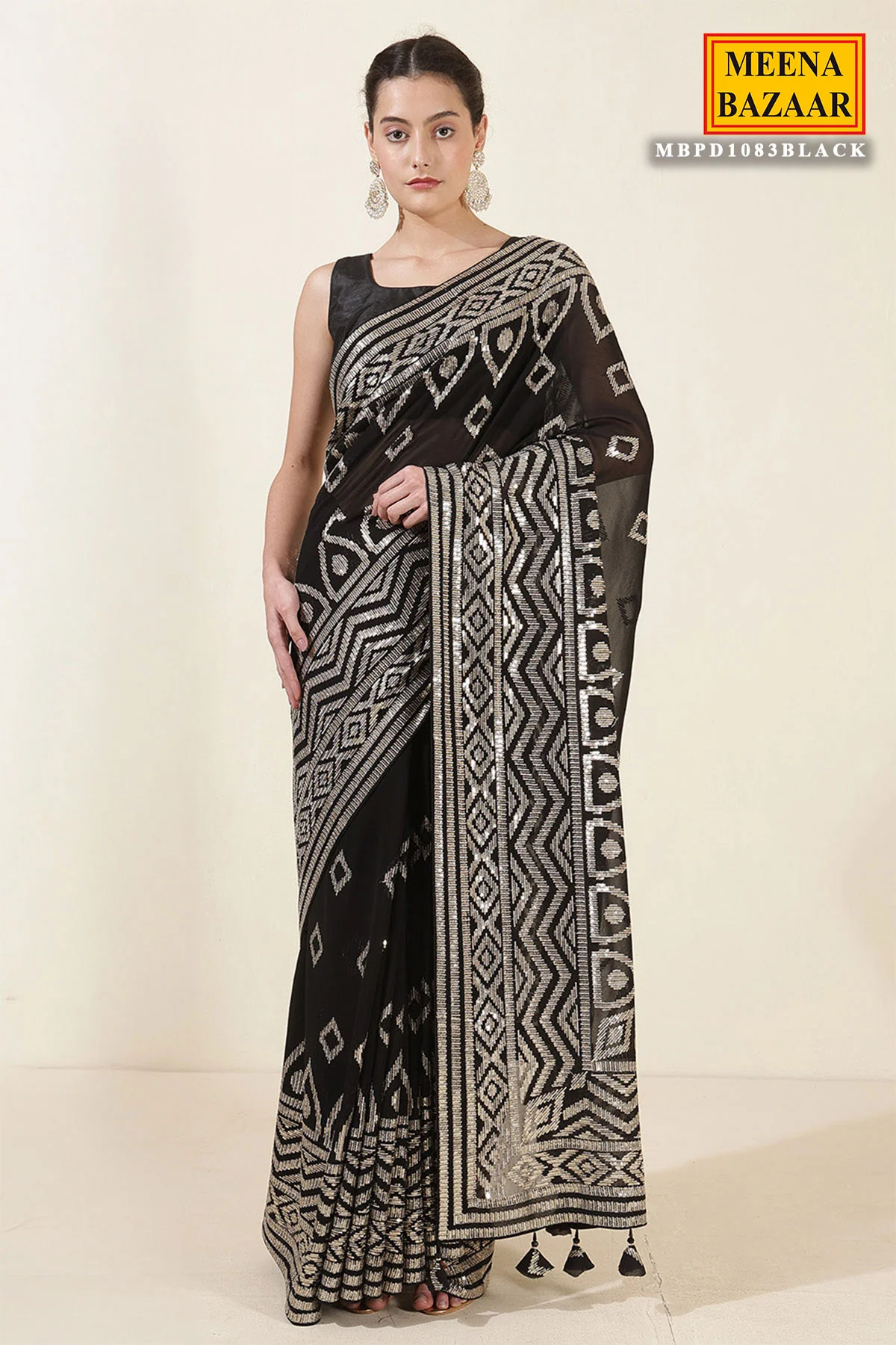 Zari Sequin Embrodiered Black Georgette Saree - Image 4